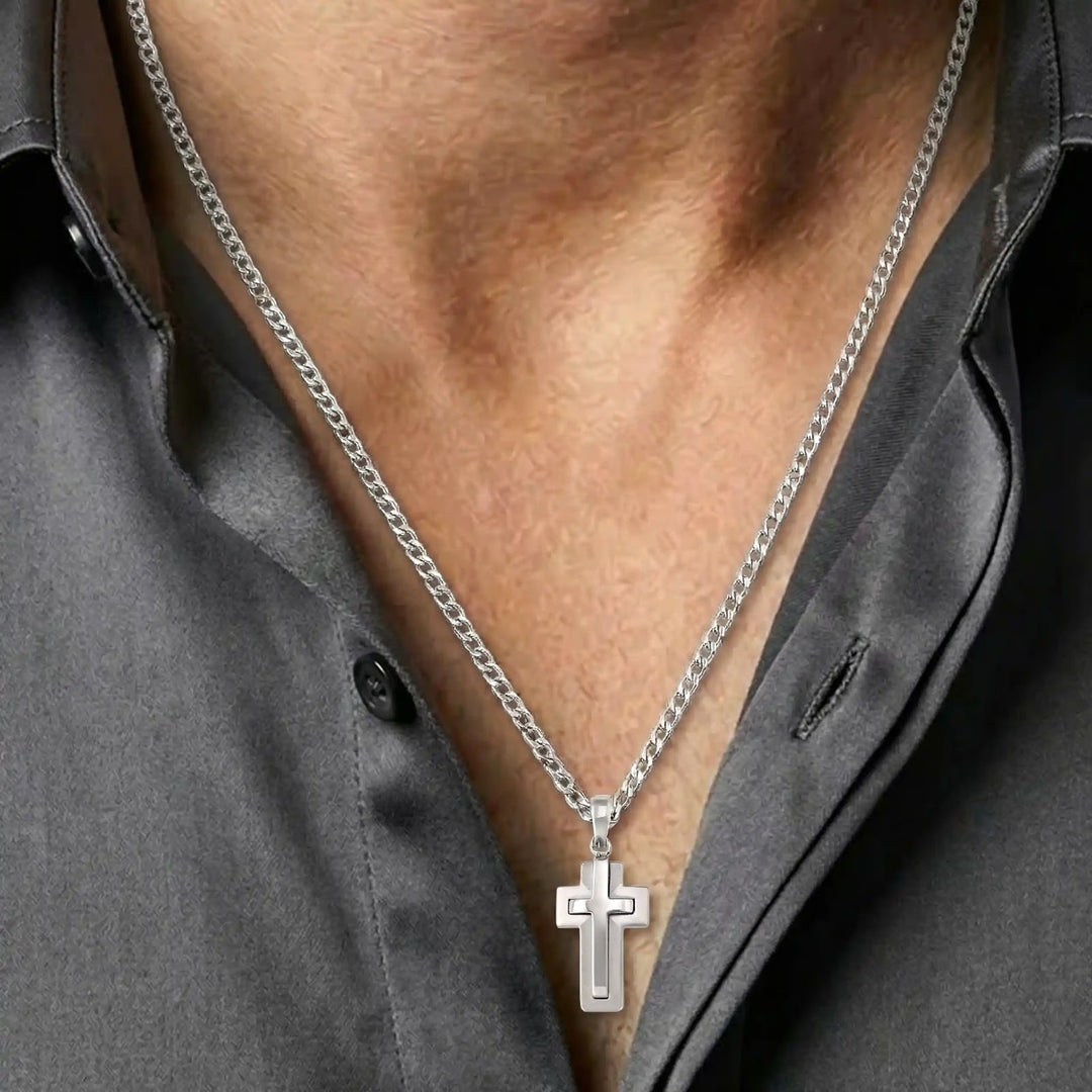 Layered Latin White Gold Cross Pendant worn on mens chest