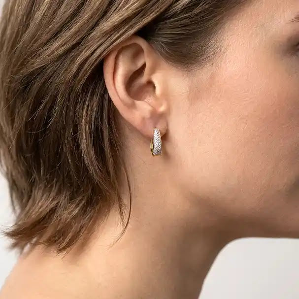 Two Tone Patterned Oval Huggie Earrings - worn on ear