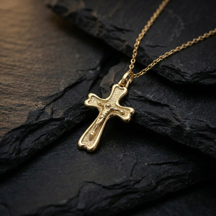 Flared Crucifix Yellow Gold Cross Pendant on stone