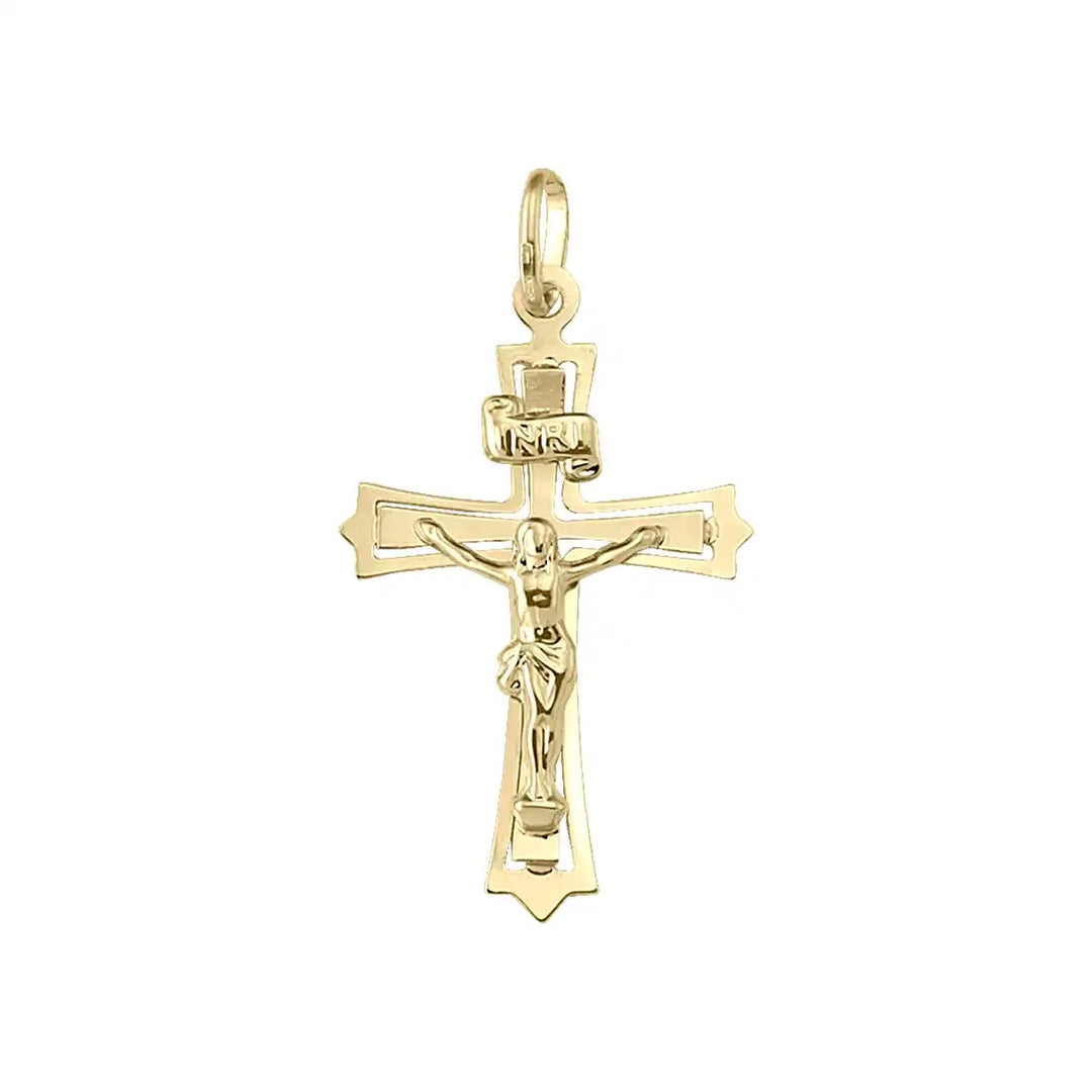 Openwork Crucifix Yellow Gold Cross Pendant on white background
