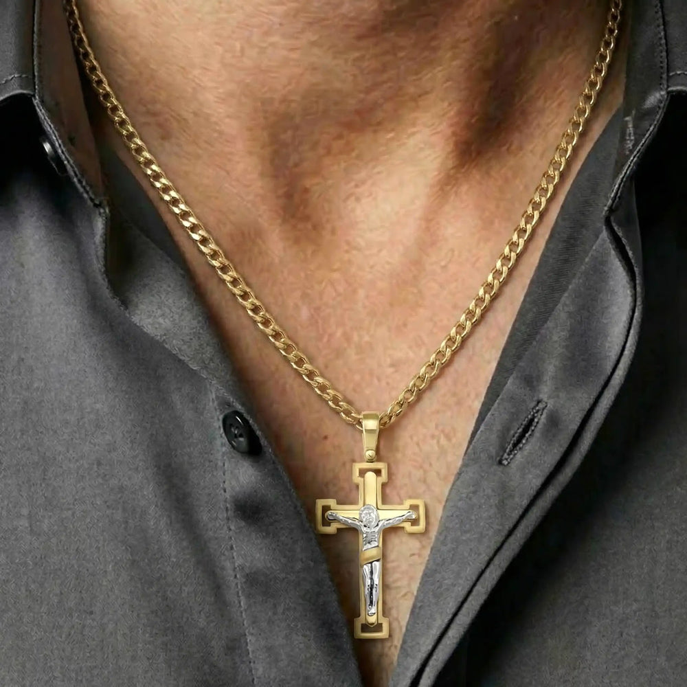 Two-Tone Crucifix Two-Tone Gold Cross Pendant worn on mens chest