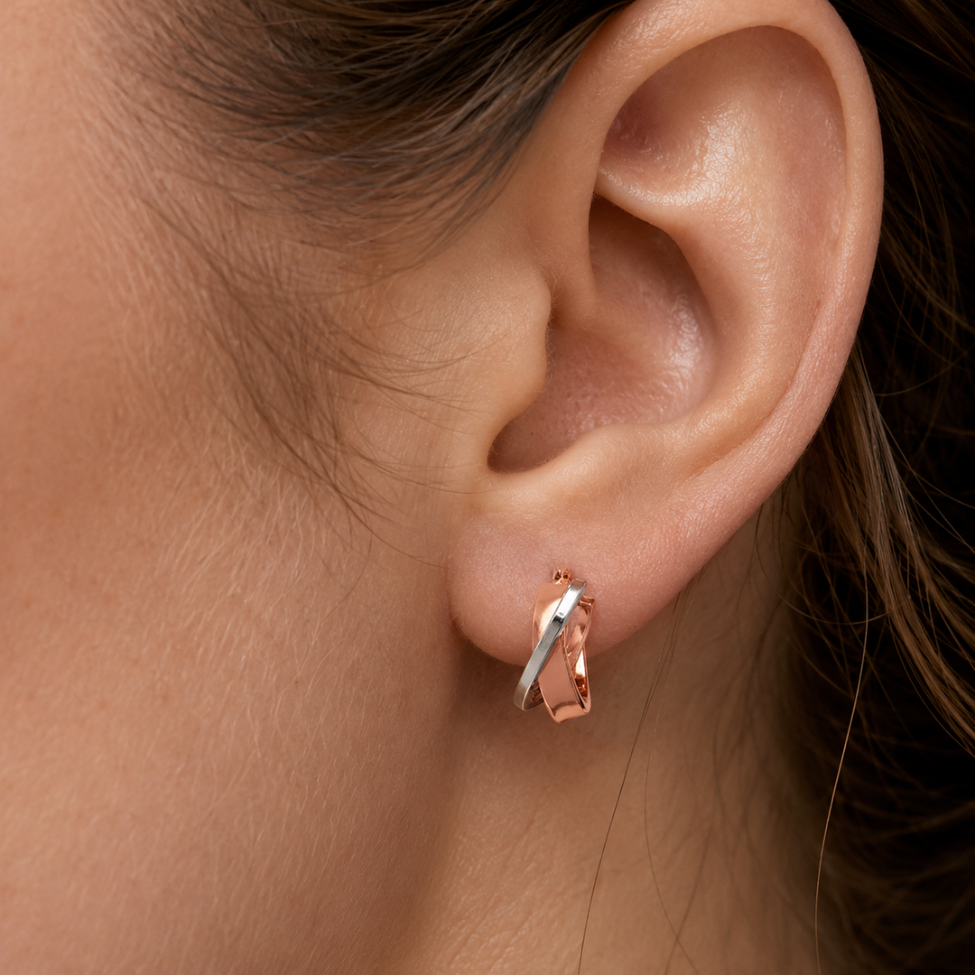 Pink And White Gold Fancy Hoop Earrings, 15mm - worn on ear