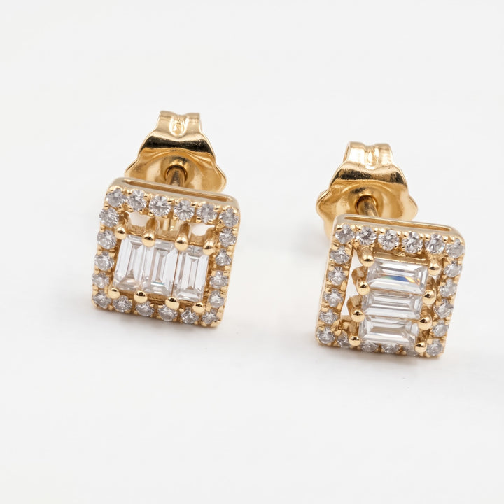 14k yellow gold natural diamond studs, three baguettes in a square halo, standing fronts