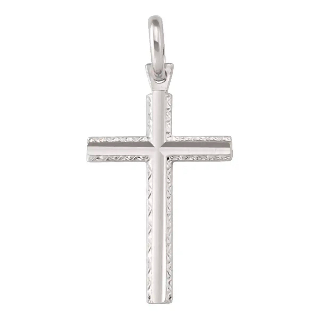 Engraved Latin White Gold Cross Pendant on white background