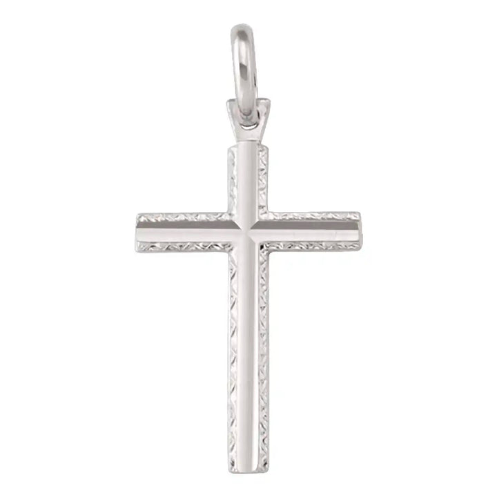 Engraved Latin White Gold Cross Pendant on white background