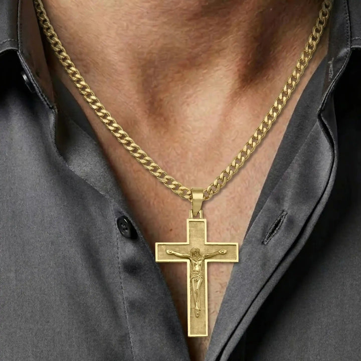 Latin Crucifix Yellow Gold Cross Pendant worn on mens chest