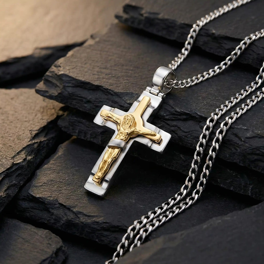 Layered Crucifix Two-Tone Gold Cross Pendant on stone