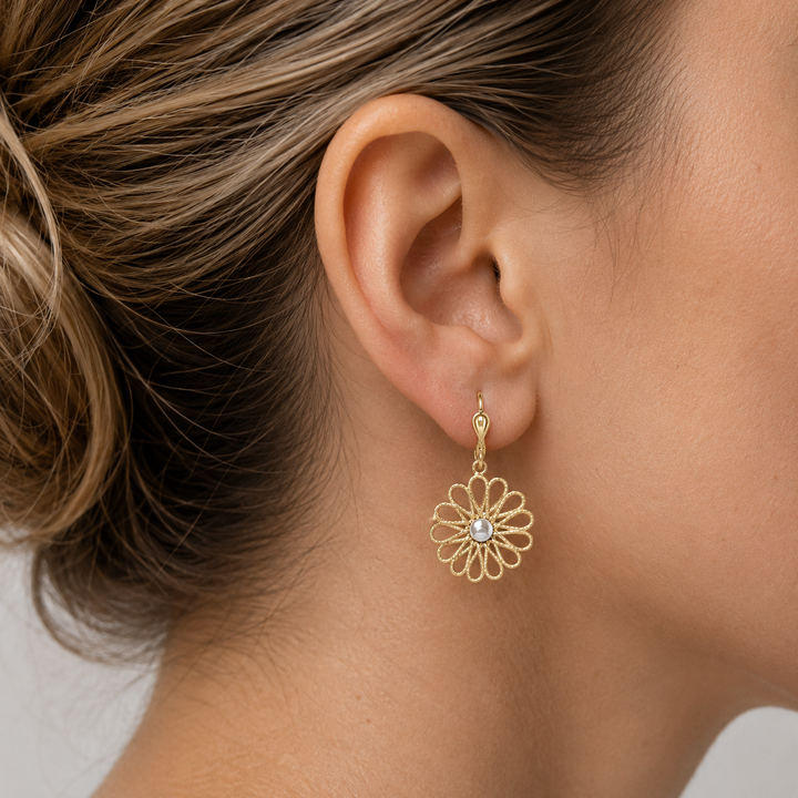 Two Tone Fancy Flower Drop Earrings - worn on ear