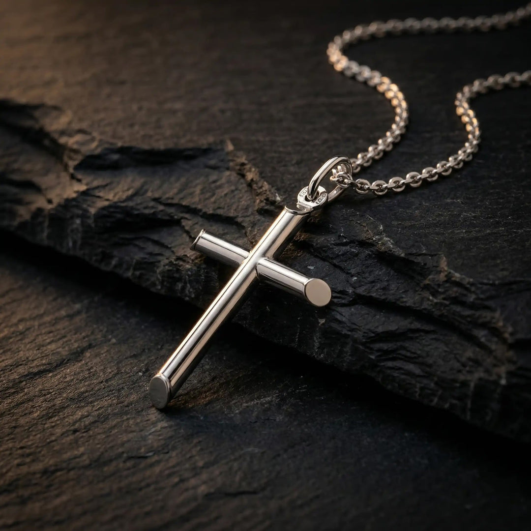 Tubular Latin White Gold Cross Pendant on stone