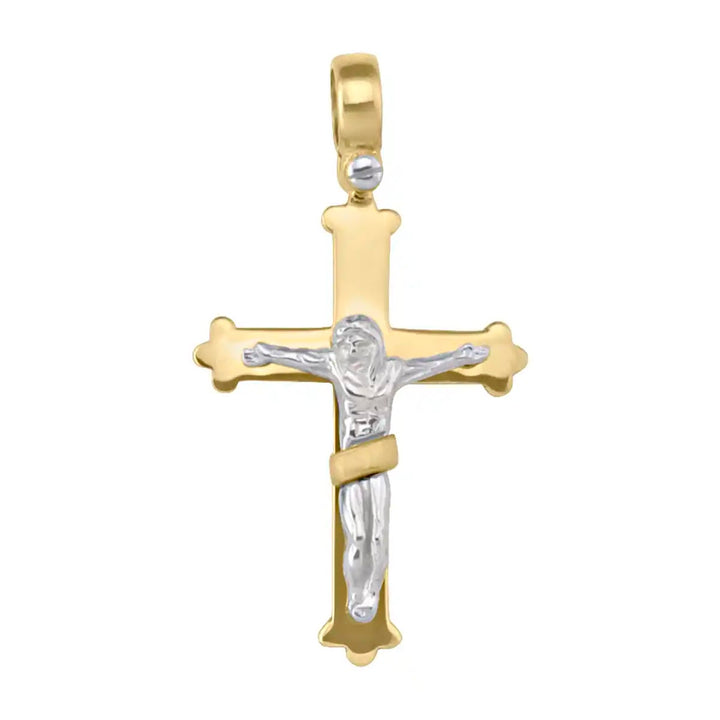 Budded Crucifix Two-Tone Gold Cross Pendant on white background
