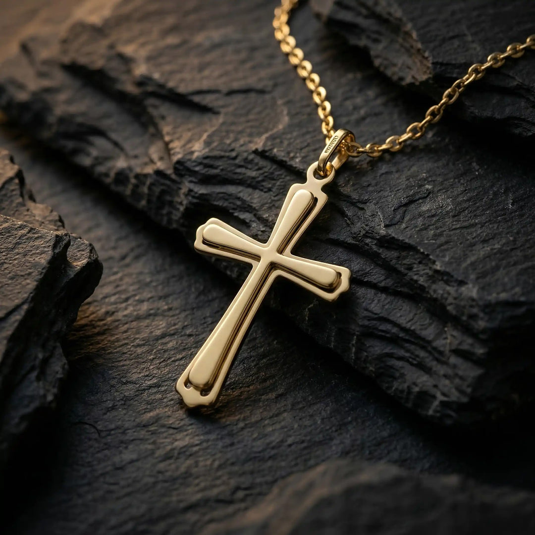 Layered Latin Yellow Gold Cross Pendant on stone