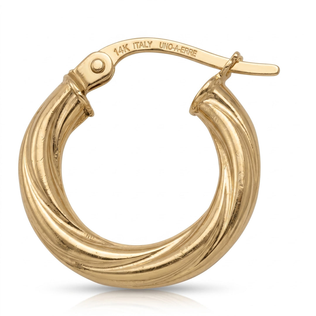Yellow Gold Twisted 3mm Tube Hoop Earrings, 15.6mm