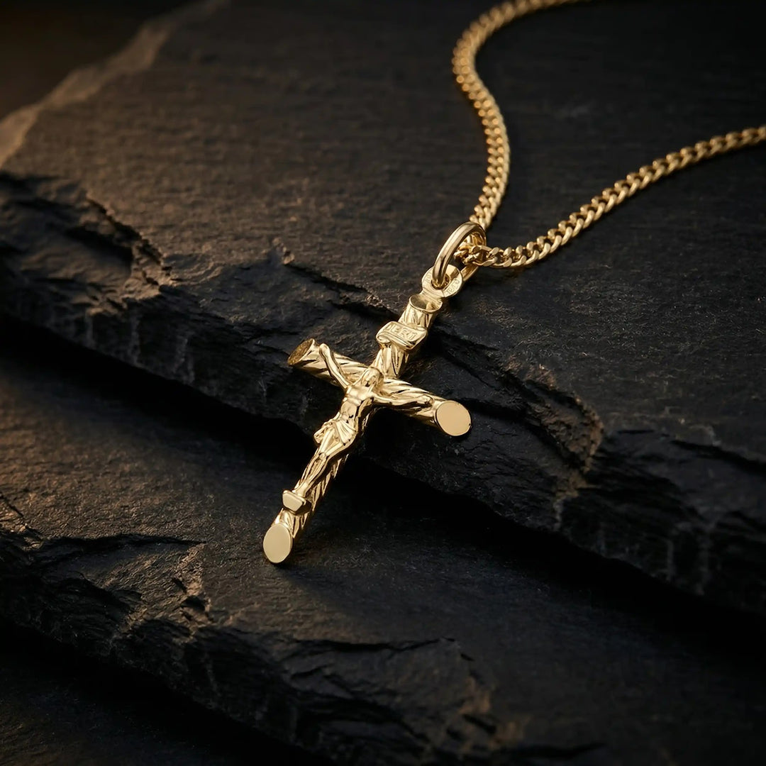 Textured Crucifix Yellow Gold Cross Pendant on stone