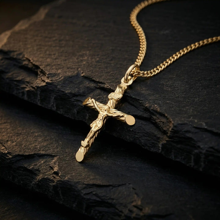 Textured Crucifix Yellow Gold Cross Pendant on stone