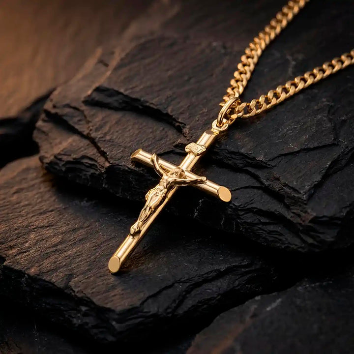 Tubular Crucifix Yellow Gold Cross Pendant on stone