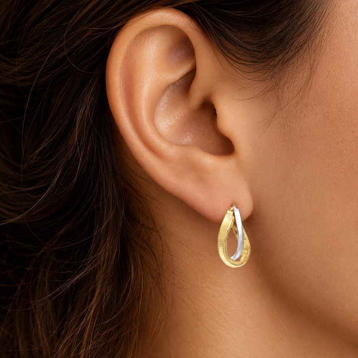 Two Tone Fancy Hoop Earrings, 15mm - worn on ear