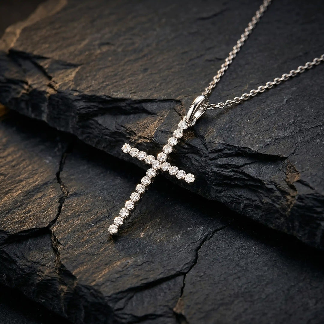 Prong-Set Latin White Gold Cross Pendant on stone