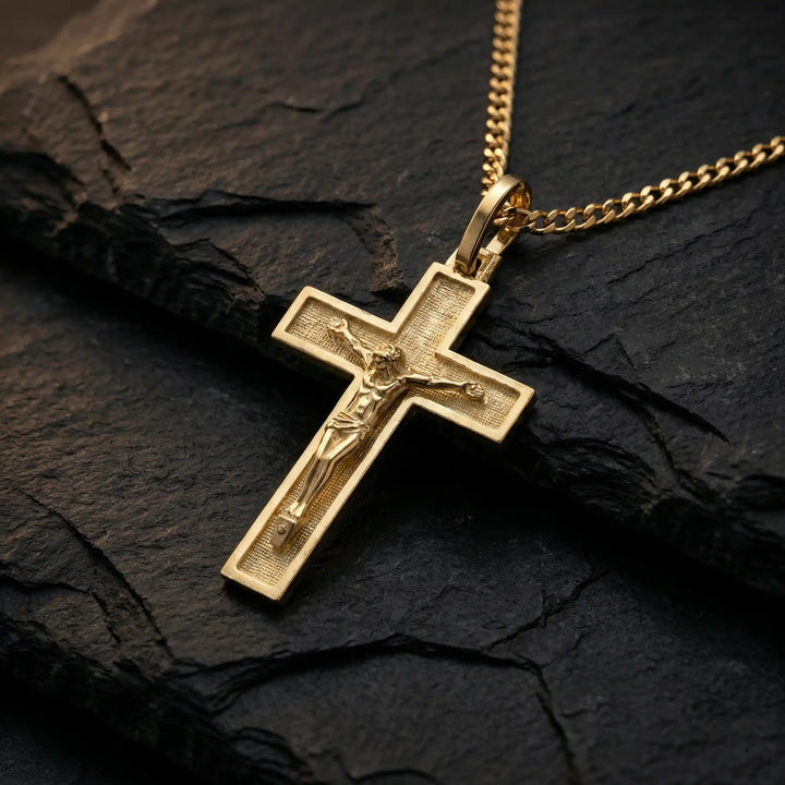 Latin Crucifix Yellow Gold Cross Pendant on stone