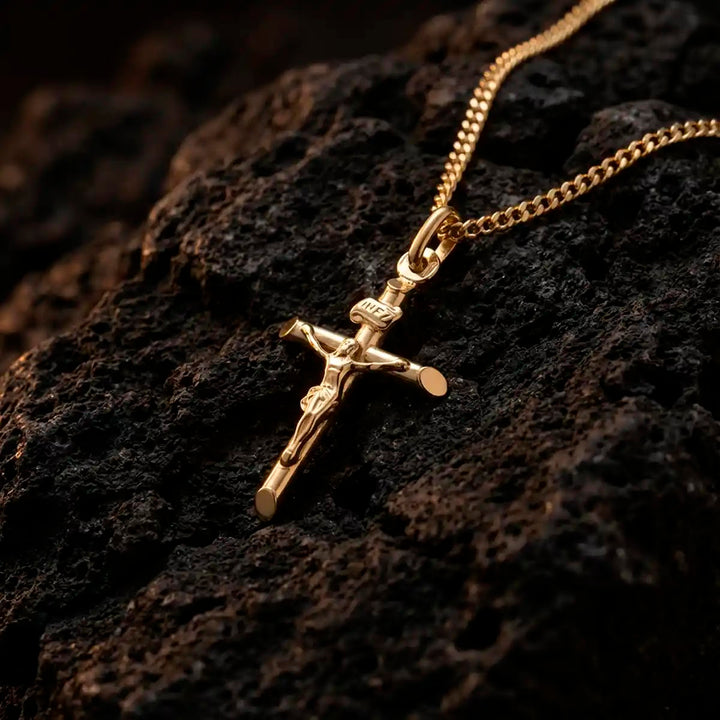 Tubular Crucifix Yellow Gold Cross Pendant on stone