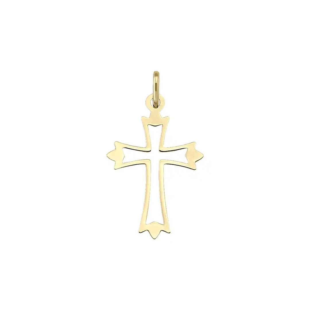 Openwork Fleury Yellow Gold Cross Pendant on white background
