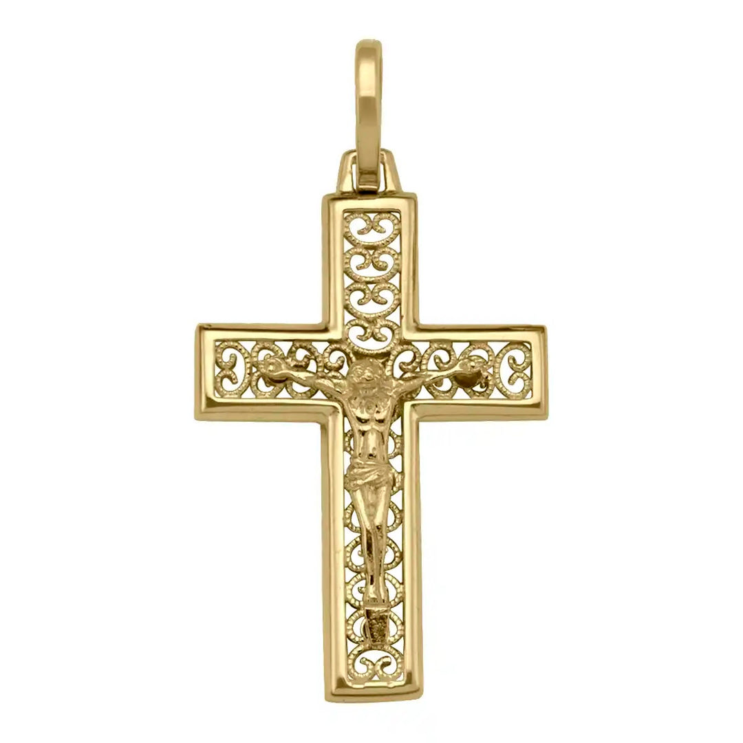 Latin Crucifix Yellow Gold Cross Pendant on white background