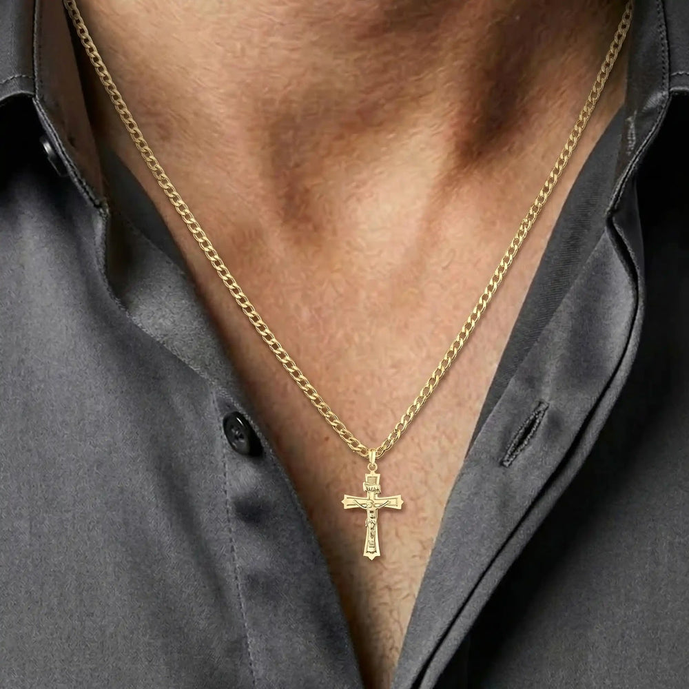 Openwork Crucifix Yellow Gold Cross Pendant worn on mens chest