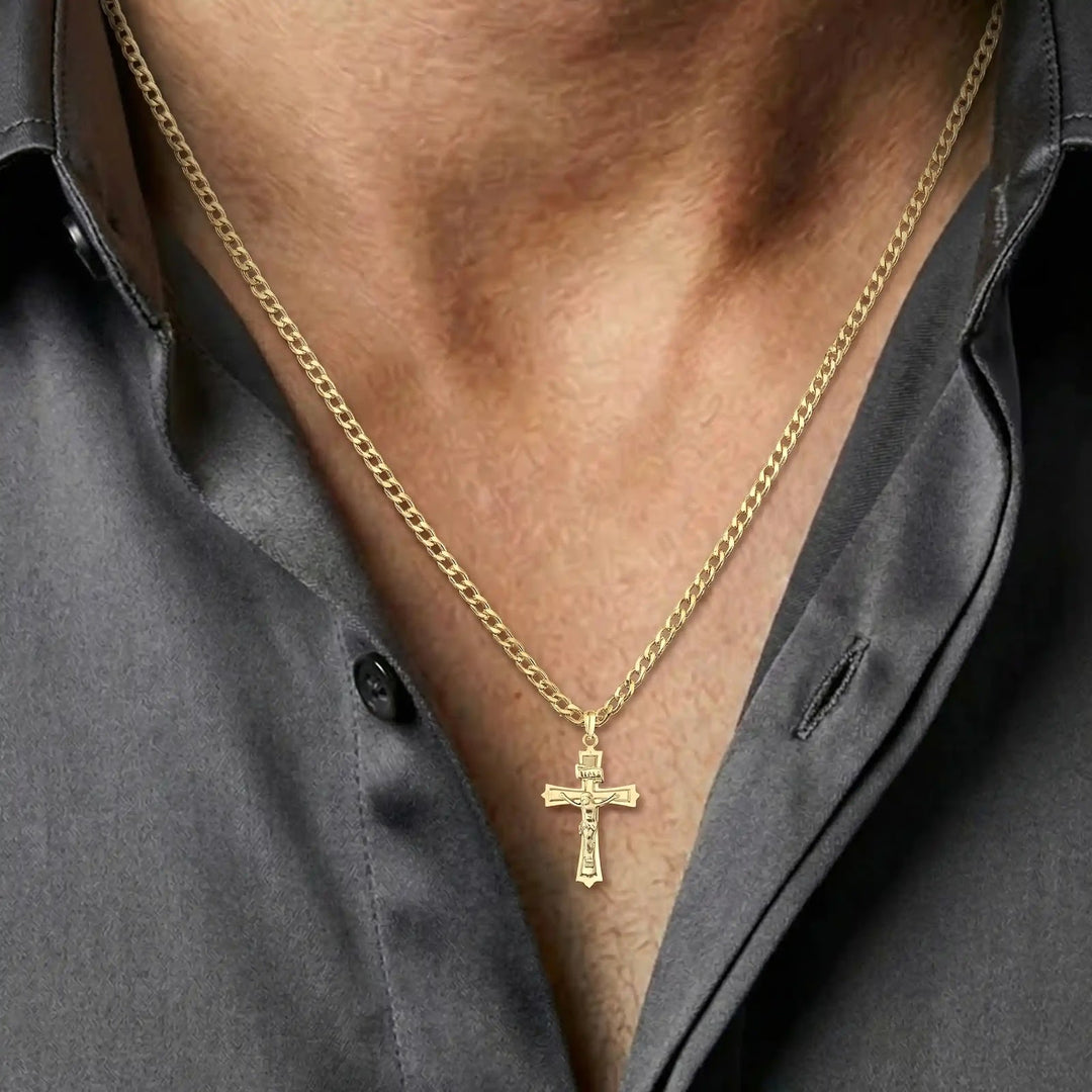 Openwork Crucifix Yellow Gold Cross Pendant worn on mens chest