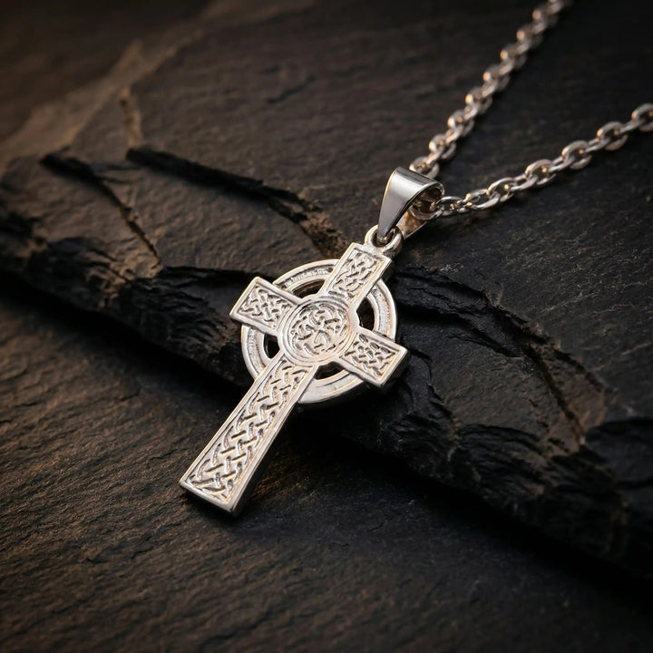 Heritage Celtic White Gold Cross Pendant on stone