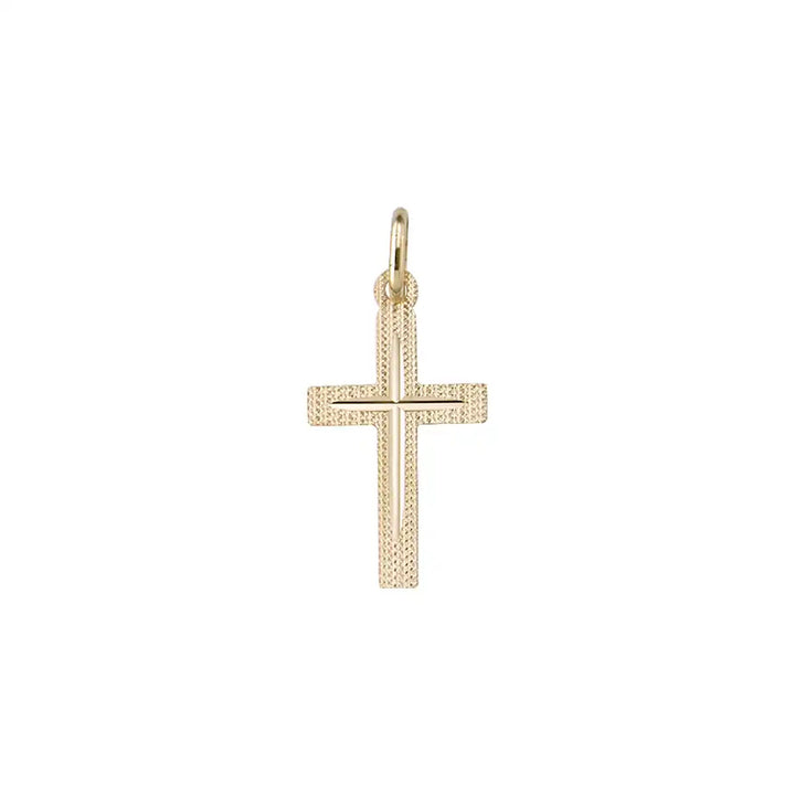 Textured Latin Yellow Gold Cross Pendant on white background