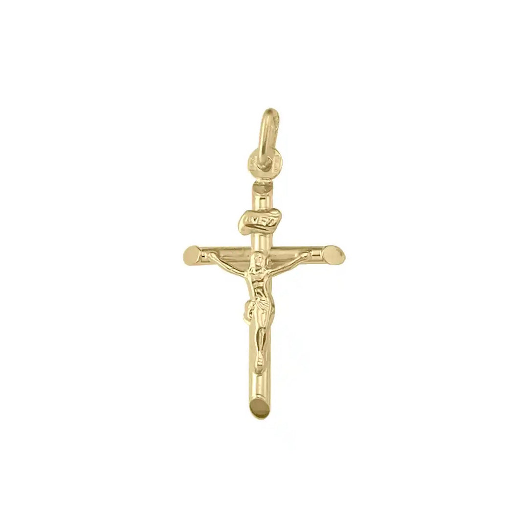 Tubular Crucifix Yellow Gold Cross Pendant on white background