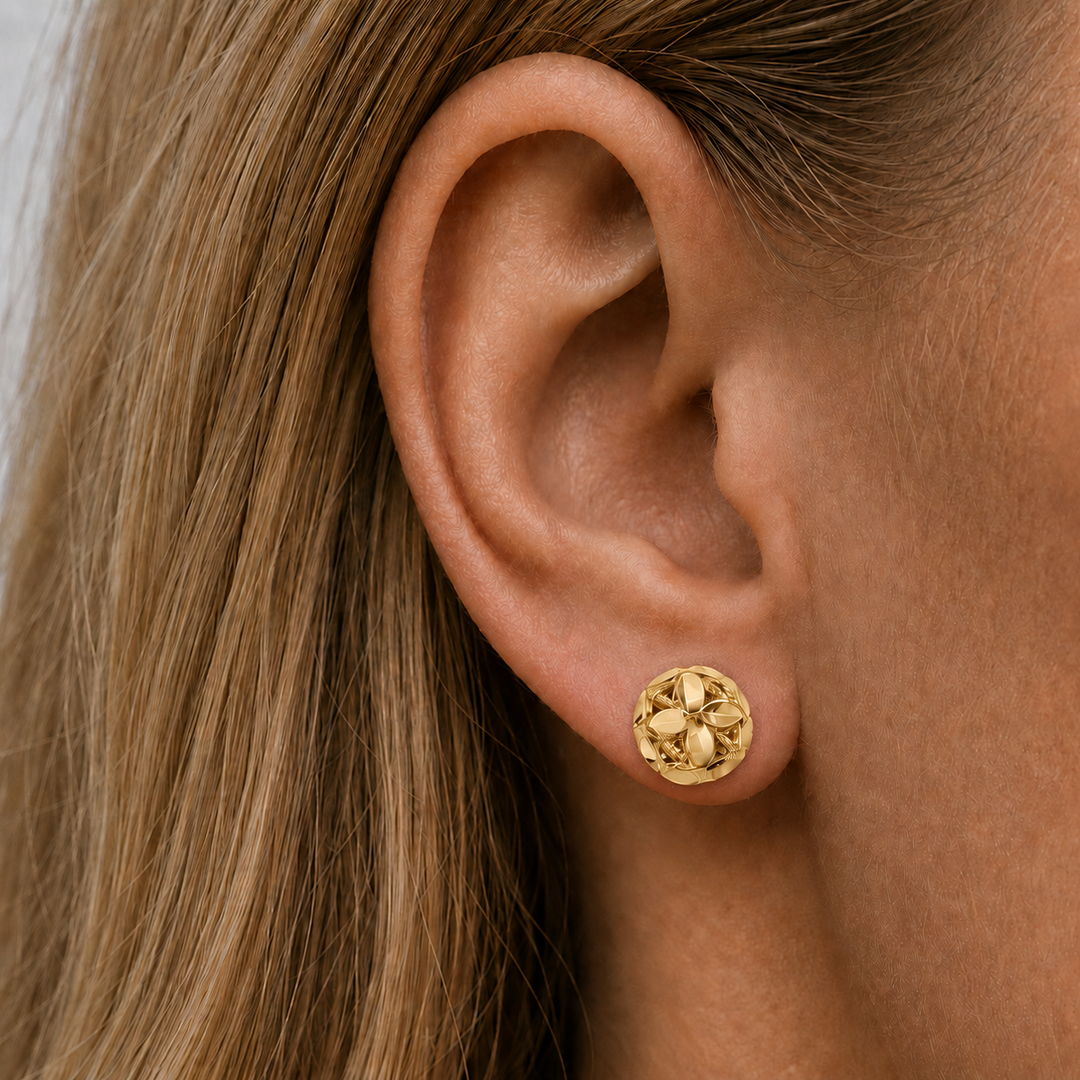 Yellow Gold Diamond Cut Ball Stud Earrings - worn on ear