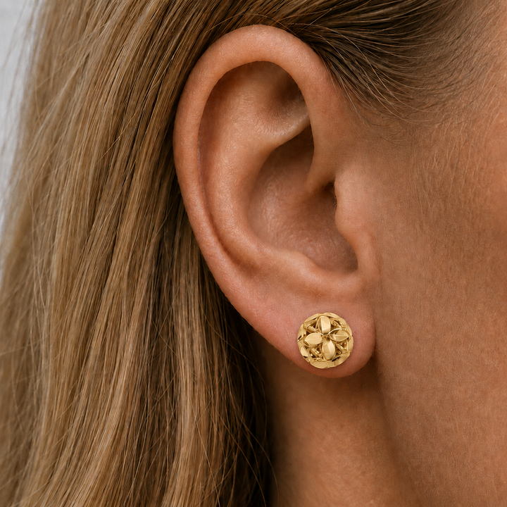 Yellow Gold Diamond Cut Ball Stud Earrings - worn on ear