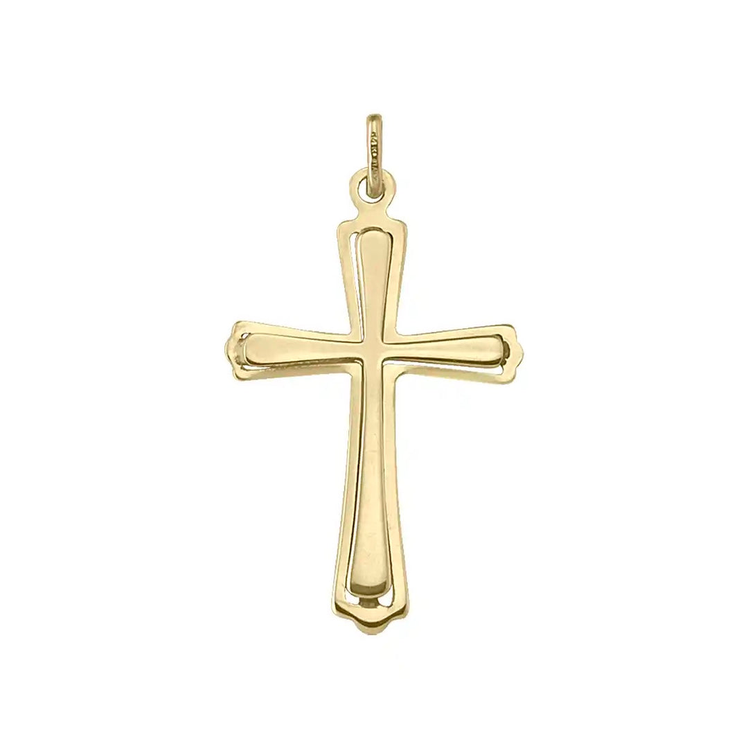 Layered Latin Yellow Gold Cross Pendant on white background