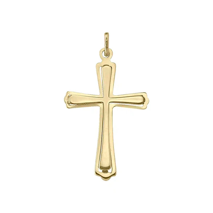 Layered Latin Yellow Gold Cross Pendant on white background