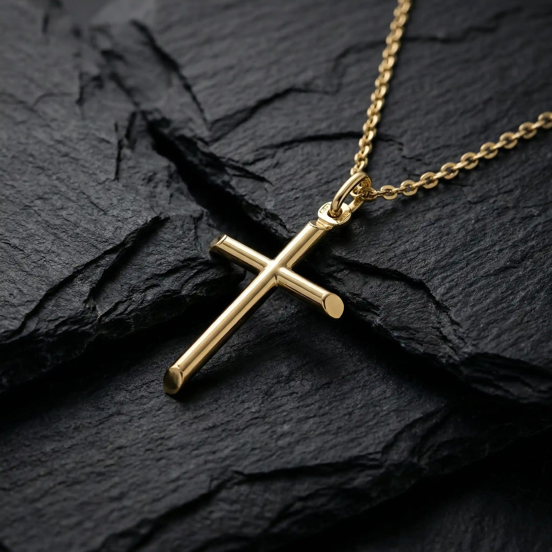 Tubular Latin Yellow Gold Cross Pendant on stone