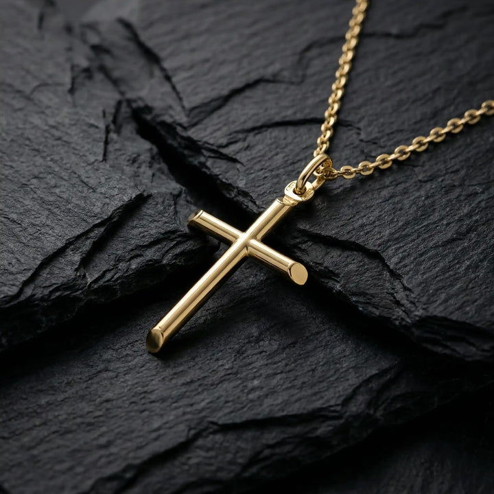 Tubular Latin Yellow Gold Cross Pendant on stone