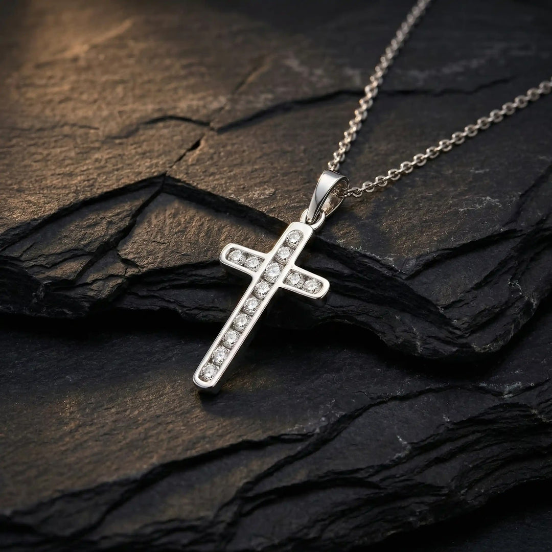 Minimal Latin White Gold Cross Pendant on stone