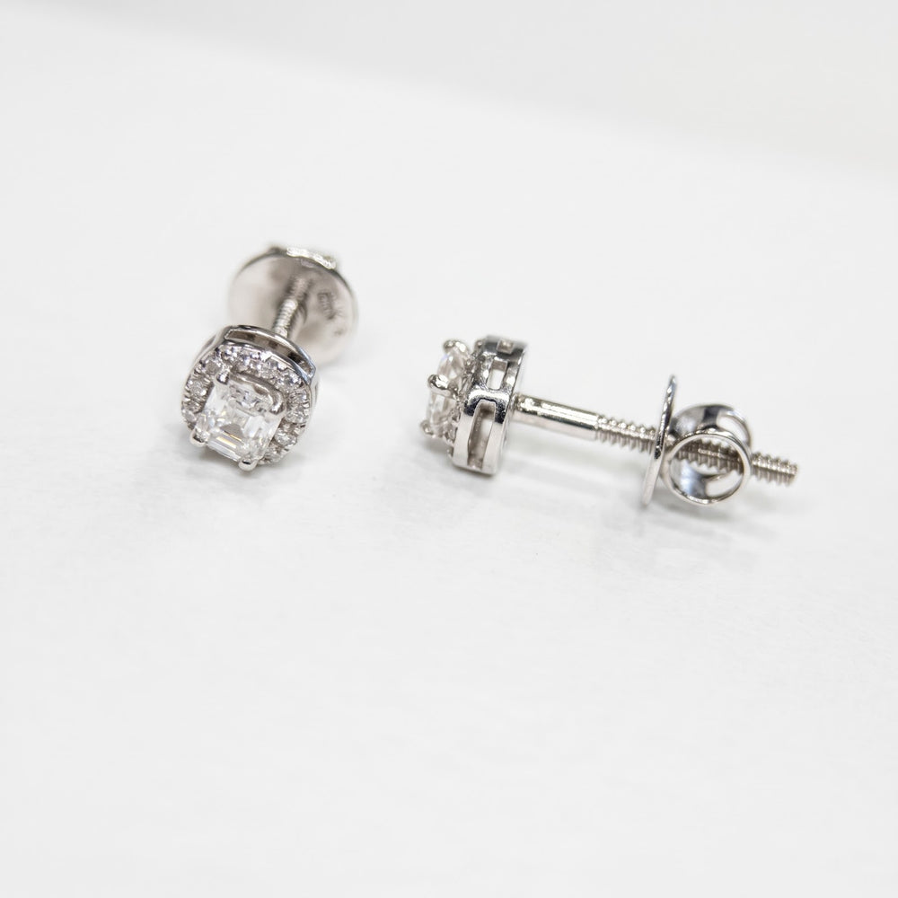 10k white gold lab diamond halo studs, one front and one on its side