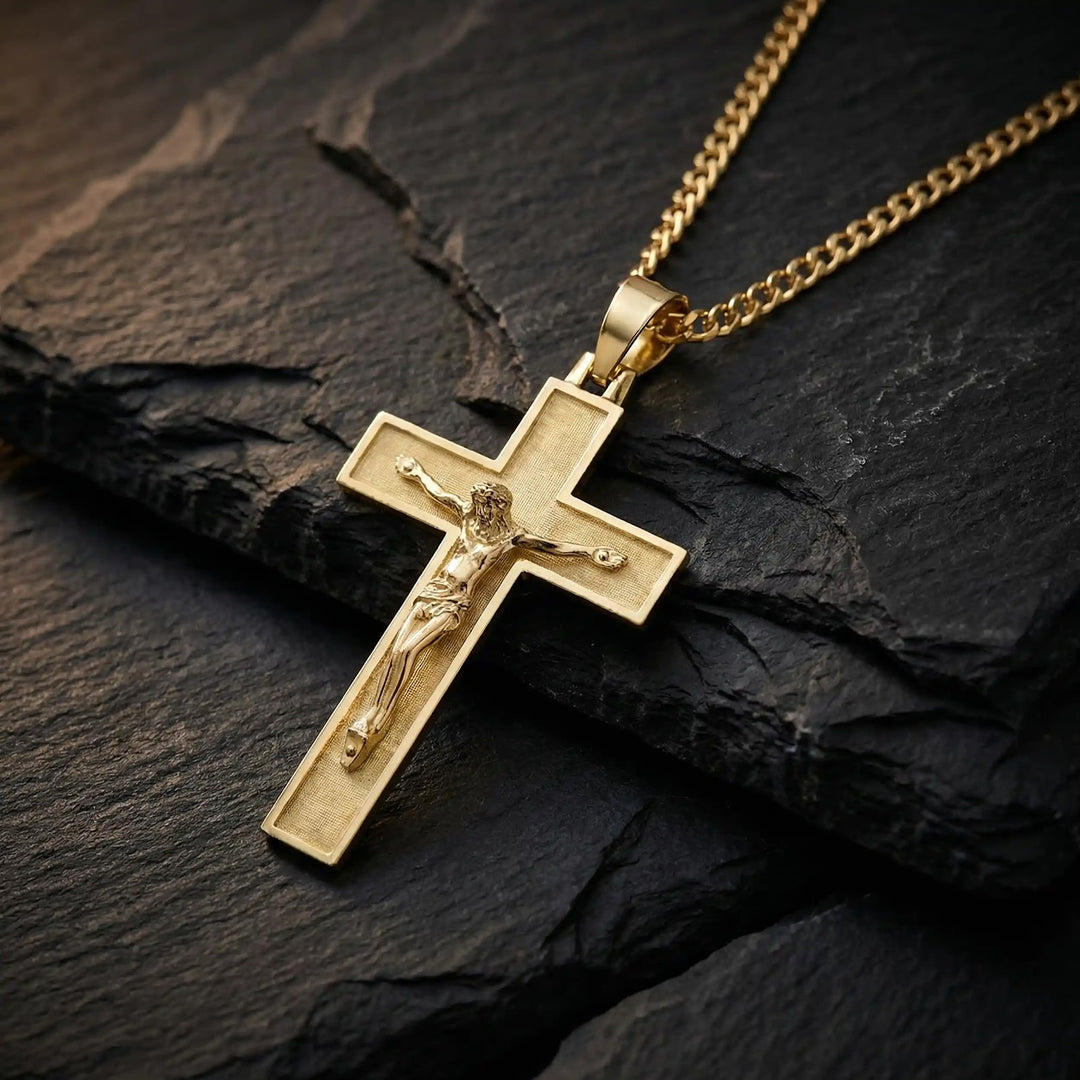 Latin Crucifix Yellow Gold Cross Pendant on stone