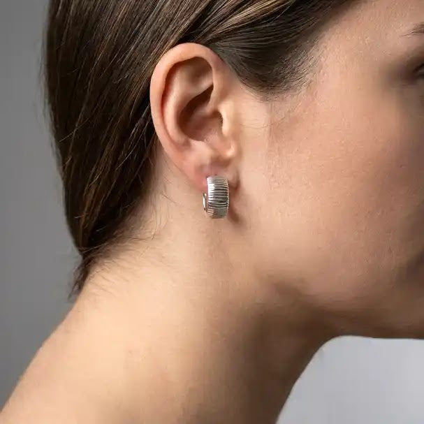 White Gold Patterned Huggie Earrings - worn on ear