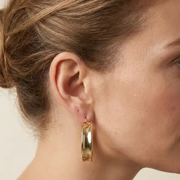 Yellow Gold Hoop Earrings, 19mm - worn on ear
