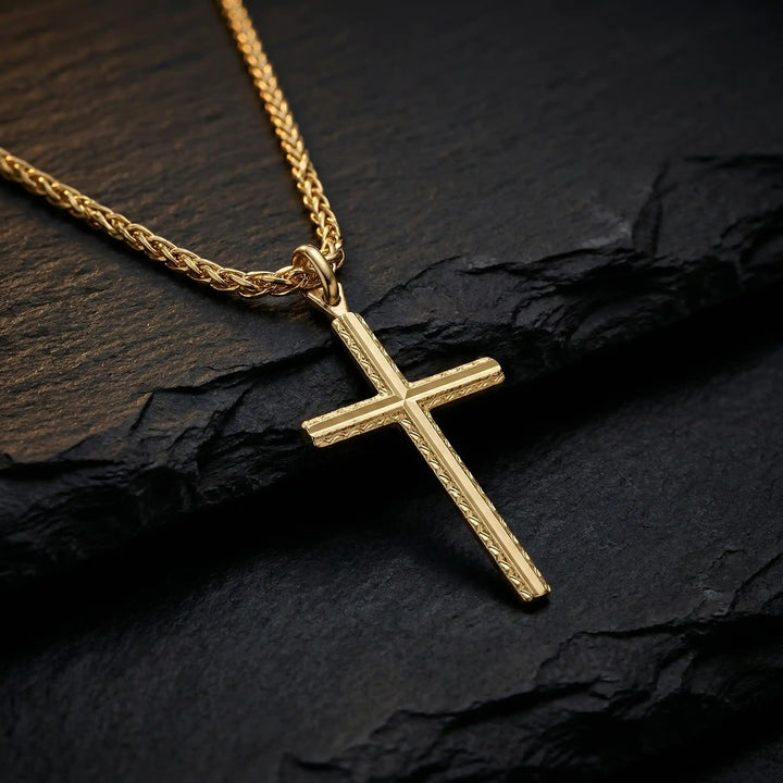 Minimal Latin Yellow Gold Cross Pendant on stone