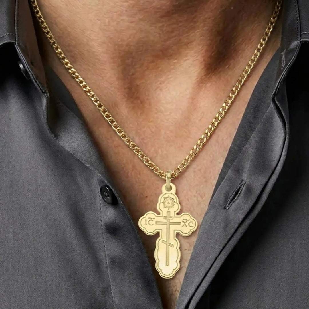 Three-Bar Orthodox Yellow Gold Cross Pendant worn on mens chest