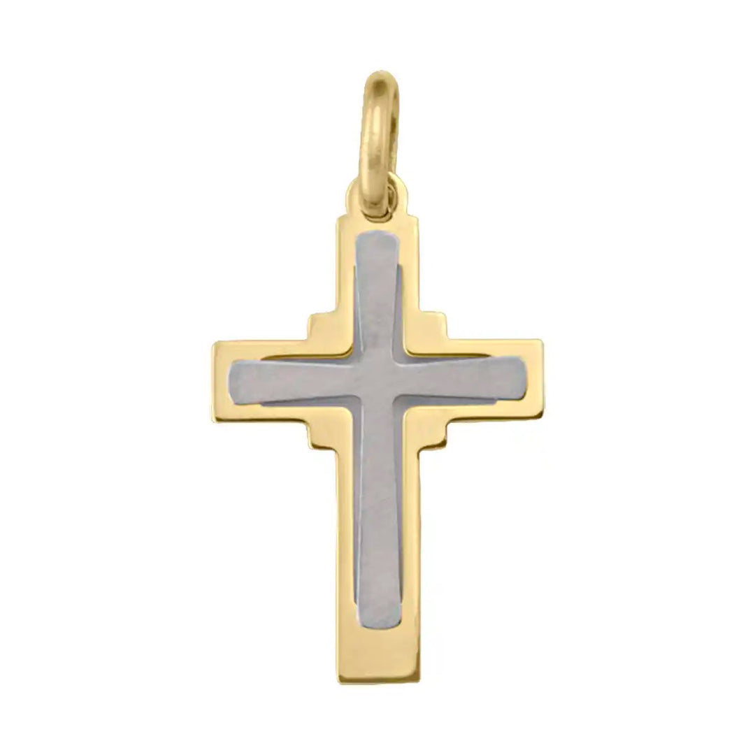 Layered Latin Two-Tone Gold Cross Pendant on white background