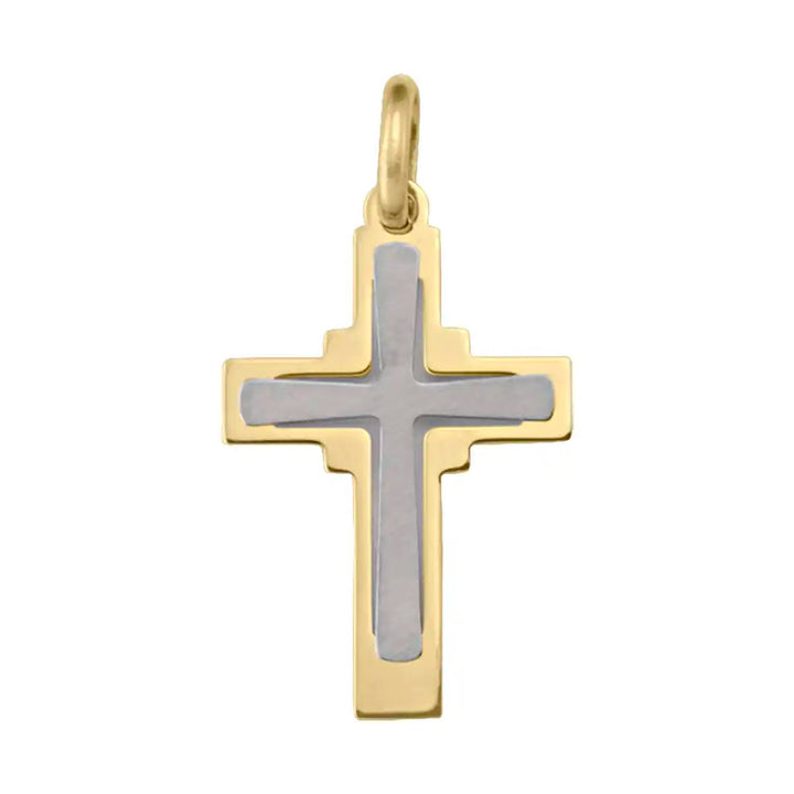 Layered Latin Two-Tone Gold Cross Pendant on white background