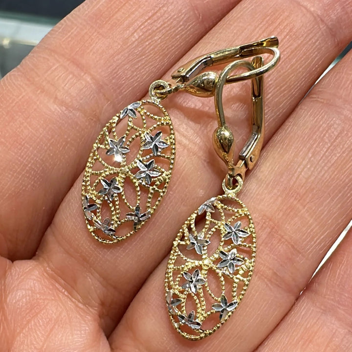 Two Tone Fancy Diamond Cut Fancy Drop Earrings - worn on ear