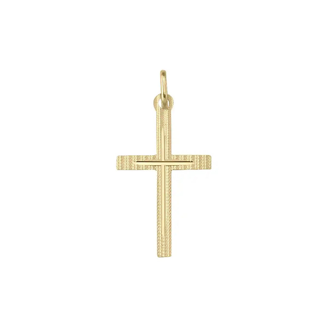 Minimal Latin Yellow Gold Cross Pendant on white background