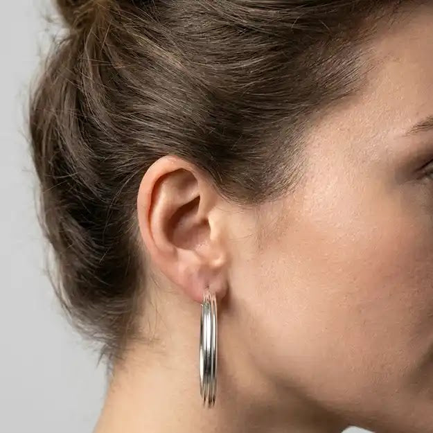 White Gold Oval Patterned Hoop Earrings, 15.6mm - worn on ear
