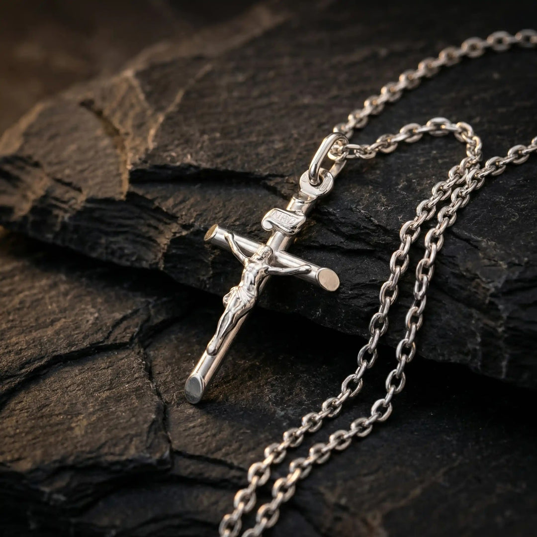 Latin Crucifix White Gold Cross Pendant on stone