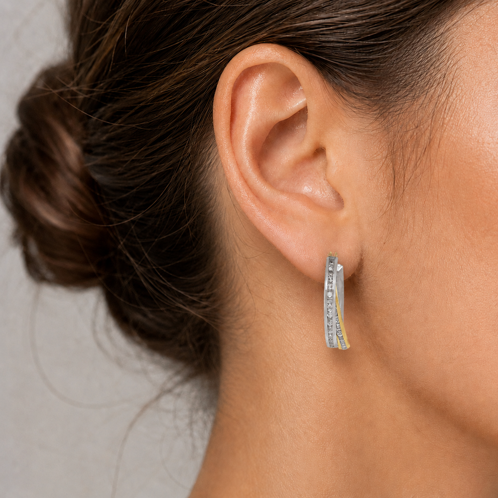 Two Tone Fancy CZ Hoop Earrings, 21.8mm - worn on ear